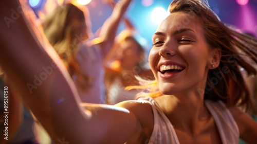 A woman is dancing and smiling at a party