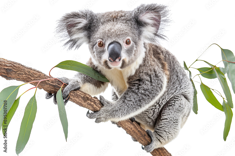 Naklejka premium Koala Climbing: A koala climbing a eucalyptus branch against a white background.