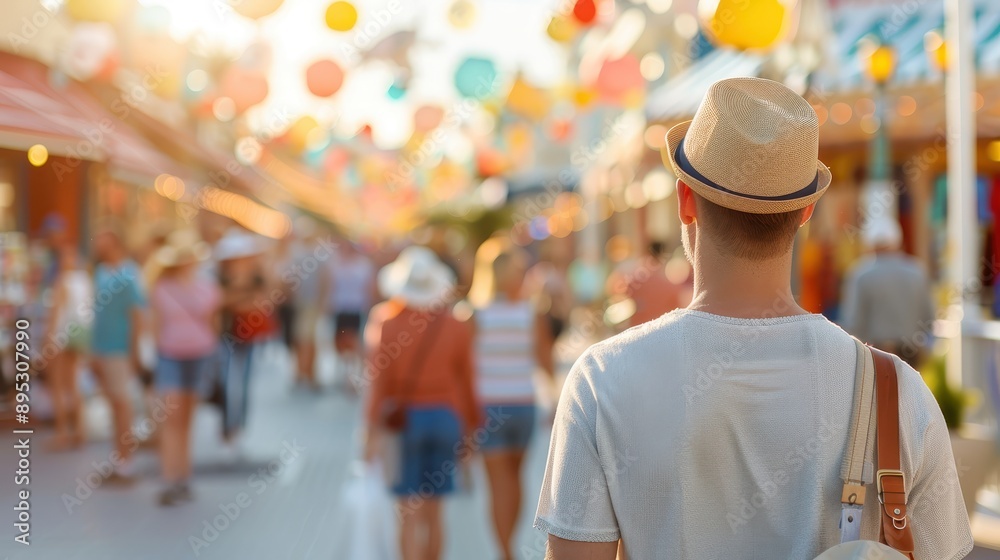 A person in a hat walks down a vibrant, busy street market under the afternoon sun, enveloped by bright colors and lively atmosphere, perfect for travel and exploration.