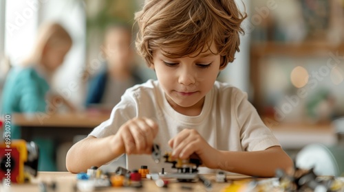 A young child intently focused, building with blocks in a classroom or play setting, illustrating concentration, creativity, and the joy of learning through play. photo