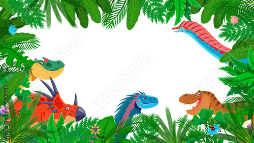 Prehistoric dinosaurs in jungle forest plants frame. Vector rectangular border with vibrant cartoon dino characters and lush tropical foliage, palm tree leaves and ferns around a blank space for text