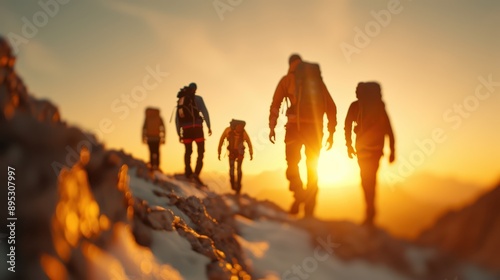 A group of five climbers are hiking along a snow-covered mountain ridge during a stunning sunset, highlighting their adventurous spirit and the beautiful landscape they traverse.