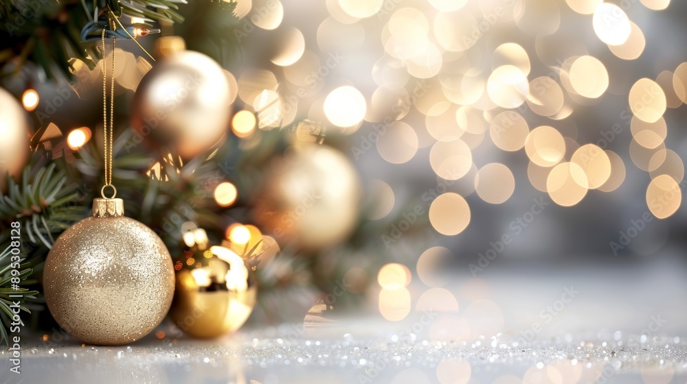 A tree with a gold ornament hanging from it