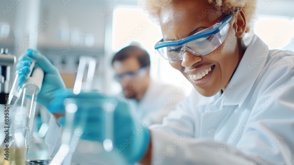 In this photograph, a scientist is seen concentrating on an experiment in a laboratory environment, utilizing various lab tools and wearing standard protective gear. In this photograph, a scientist is seen concentrating on an experiment in a laboratory environment, utilizing various lab tools and wearing standard protective gear.