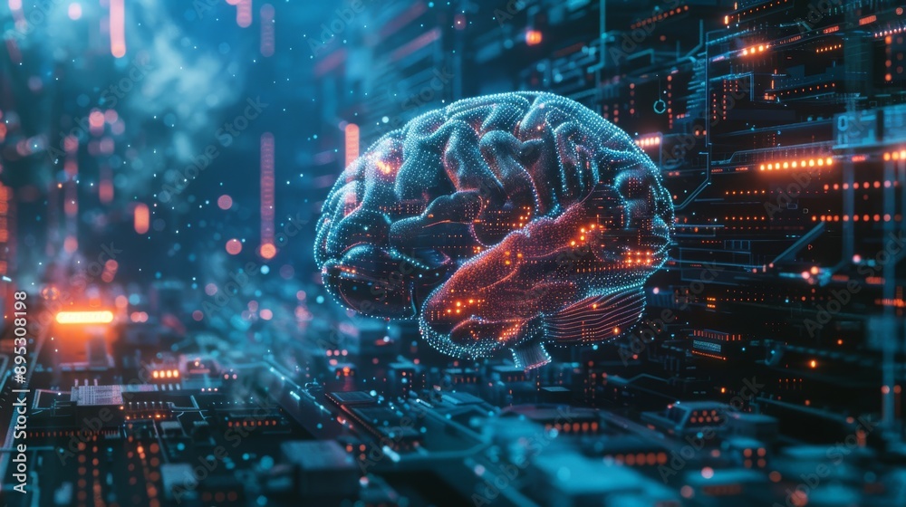 Imaginary depiction of a cyber brain interfacing with advanced AI and biotechnology technologies Imaginary depiction of a cyber brain interfacing with advanced AI and biotechnology technologies