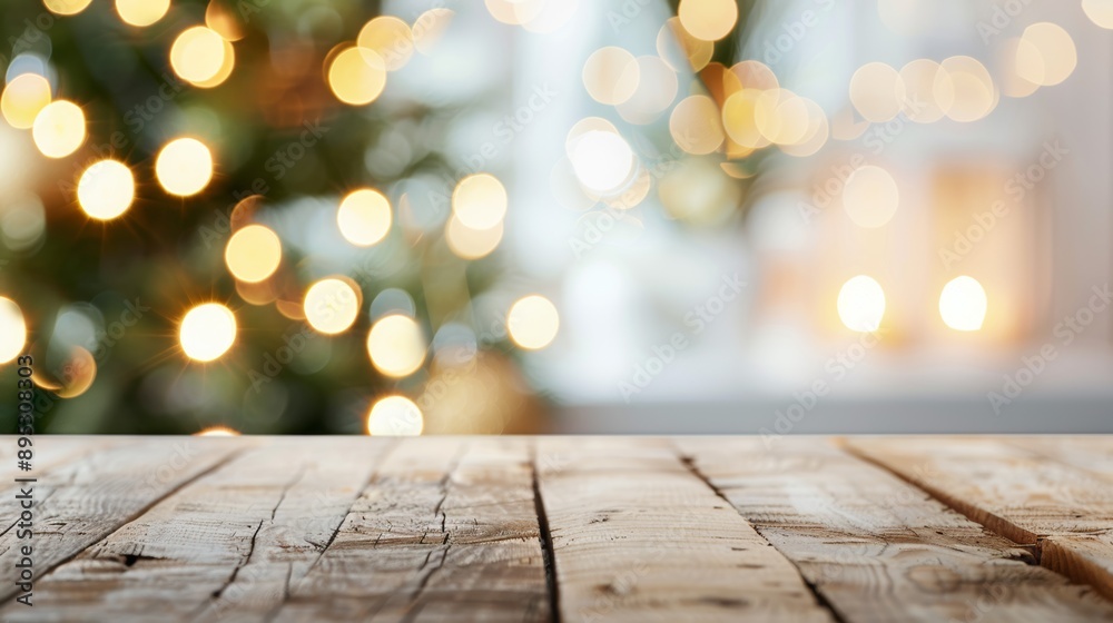 A Christmas tree with lights and a wooden table with a blurry background A Christmas tree with lights and a wooden table with a blurry background