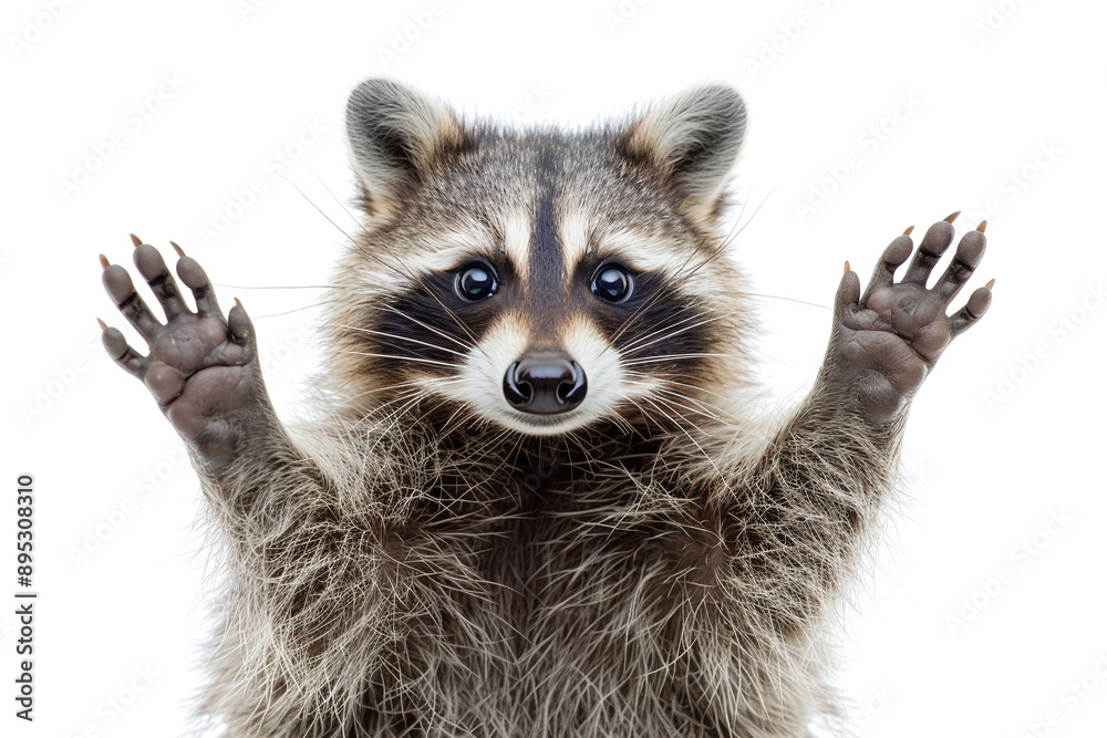 Obraz premium Raccoon with Hands Up: A raccoon with its front paws raised against a white background.