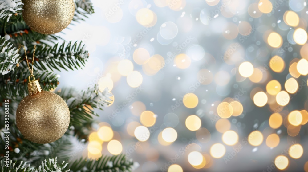 A tree with two golden ornaments hanging from it