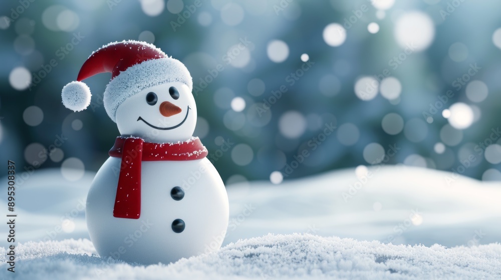 A snowman with a red scarf and a red hat is smiling A snowman with a red scarf and a red hat is smiling