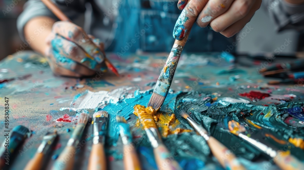 A detailed close-up of an artist's hand mixing colorful paints on a messy table filled with brushes and various paint hues, embodying the creativity of the art-making process. A detailed close-up of an artist's hand mixing colorful paints on a messy table filled with brushes and various paint hues, embodying the creativity of the art-making process.