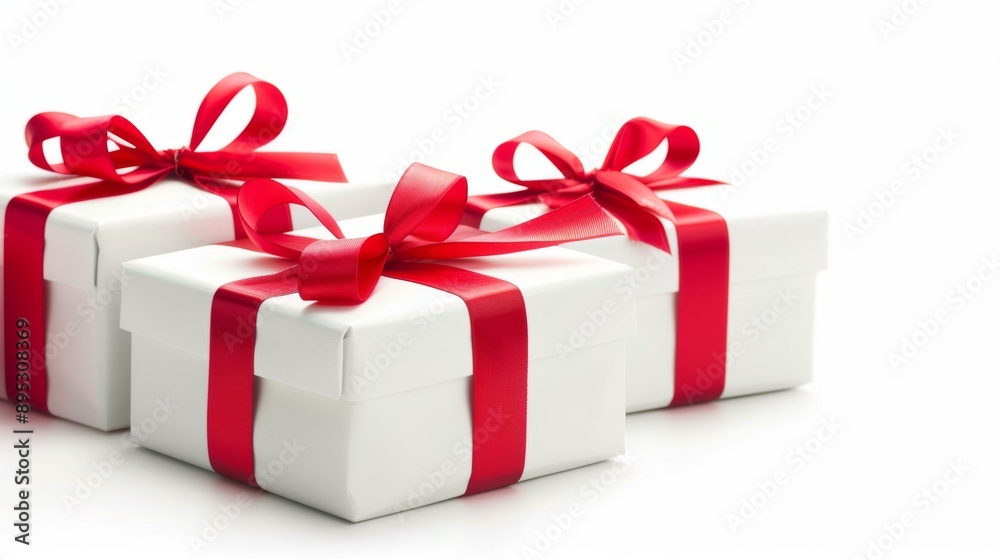 Fototapeta premium Three white boxes with red bows on top of them