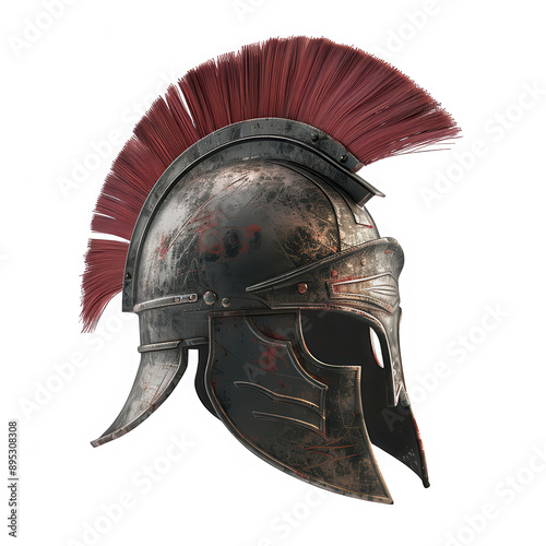 A helmet with red and black spikes on it