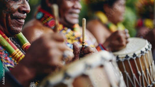 This image captures a group of drummers wearing traditional colorful attire, playing musical instruments during a vibrant cultural festival, showcasing rich heritage.