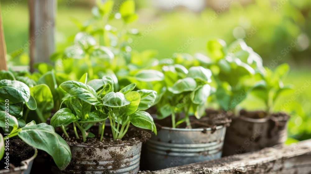 Healthy green potted basil plants with fresh leaves growing in an outdoor garden, close-up view highlighting their vibrant color and lush growth. Healthy green potted basil plants with fresh leaves growing in an outdoor garden, close-up view highlighting their vibrant color and lush growth.