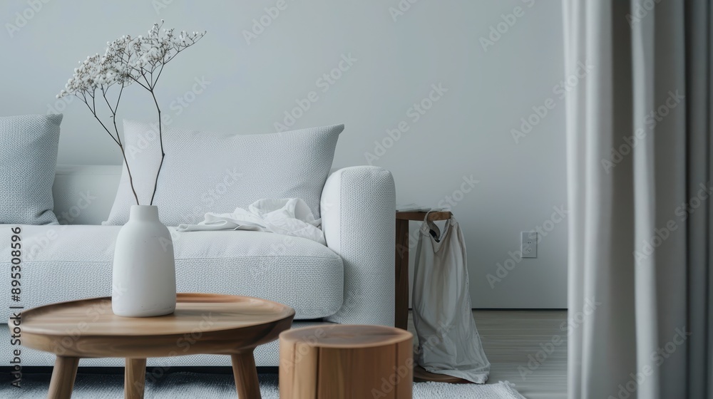 An elegant living room featuring a plush white couch, a chic wooden coffee table, and a minimalist white vase with delicate flowers, creating a serene and stylish space. An elegant living room featuring a plush white couch, a chic wooden coffee table, and a minimalist white vase with delicate flowers, creating a serene and stylish space.