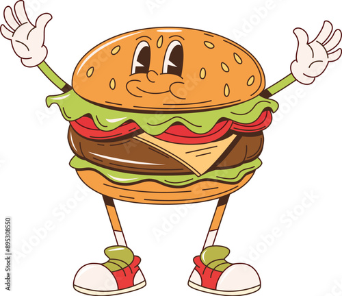 Burger bbq barbeque cartoon groovy character. Isolated vector cheerful hamburger fast food personage wearing sneakers, stands with arms raised in a welcoming gesture, expressive eyes and happy smile