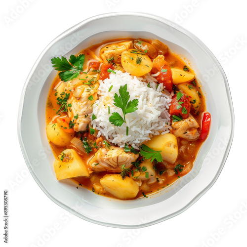 Fish Stew with Potatoes Tomatoes and White Rice PNG Transparency