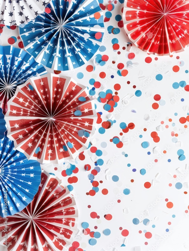 Colorful paper fans in red, white and blue on a table for decoration or party use Colorful paper fans in red, white and blue on a table for decoration or party use