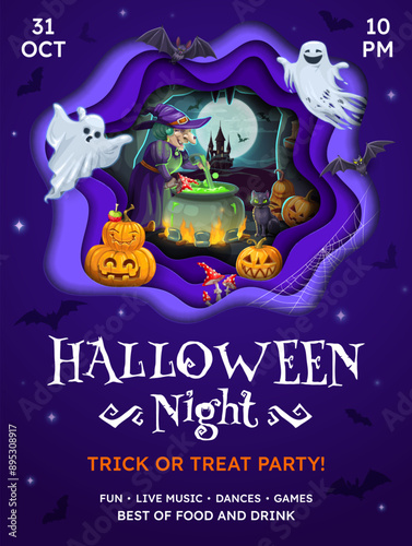 Halloween party flyer with paper cut witch cave, ghosts and pumpkins. Vector party invitation poster with funny hag and boiling cauldron with potion, castle at night moonlight and spooky scary bats