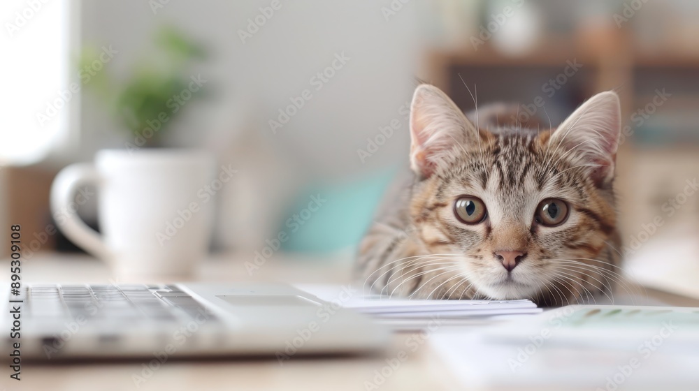 A tabby cat is lying on papers beside a laptop on a desk, depicting a serene and curious nature, within a modern home office environment, highlighting comfort and companionship. A tabby cat is lying on papers beside a laptop on a desk, depicting a serene and curious nature, within a modern home office environment, highlighting comfort and companionship.
