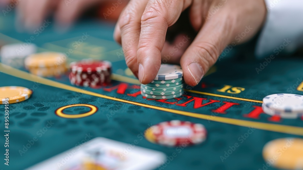 A focused hand strategically places poker chips on a green casino table, capturing a moment of intense gameplay and strategic decision-making in a casino setting. A focused hand strategically places poker chips on a green casino table, capturing a moment of intense gameplay and strategic decision-making in a casino setting.