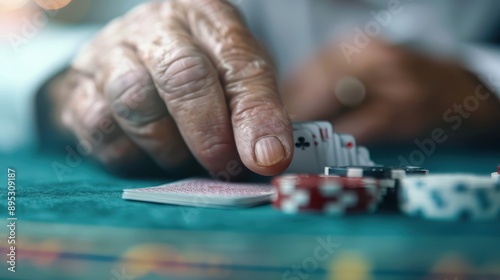 Close-up of an elderly hand pinching playing cards, surrounded by poker chips on a casino table, highlighting the intense focus and meticulousness in the midst of a poker game.