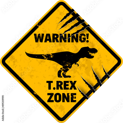 Dinosaur warning sign of T Rex danger zone caution banner, vector attention mark. T-Rex tyrannosaurus danger area yellow warning sign with dinosaur silhouette and claw scratch fissures signboard