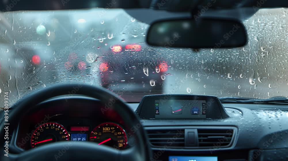 Driving a car in the rain with the road visible through the dashboard ...