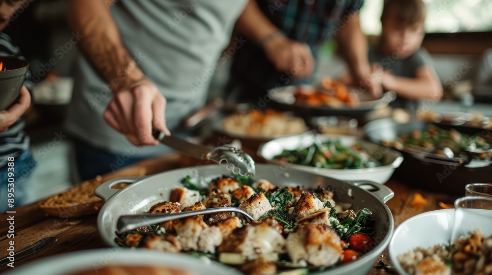 Naklejka premium Several people are gathered around a table, serving themselves from a spread of diverse dishes, enjoying a communal meal together in a warm and inviting environment. Some adults have tattoos