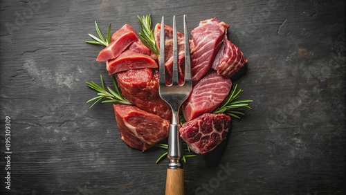 Assorted wild, lamb, beef and roulade meat on a fork, wild, lamb, beef, roulade, meat, fork, gourmet, cooking, grill, barbecue