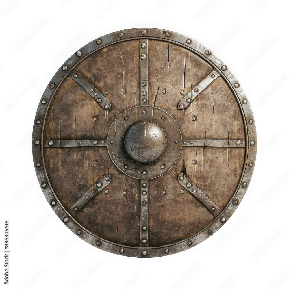 Fototapeta premium A large, old, wooden shield with metal studs and a metal ball in the center