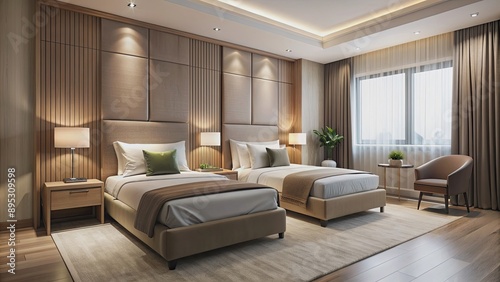 Minimalist bedroom in luxury hotel with comfortable single beds