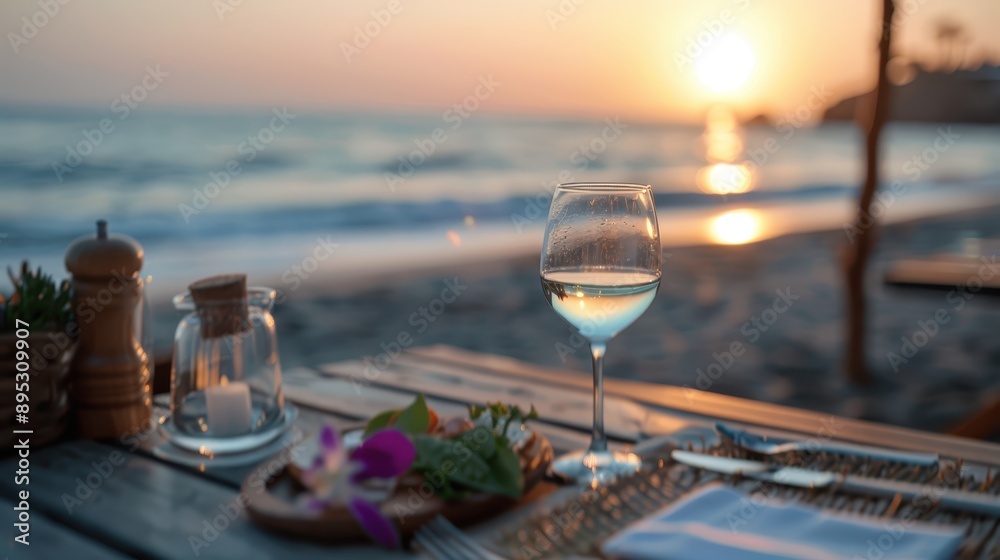 Obraz premium Stunning beachside dinner setup with a wine glass and plate of food at sunset, creating a romantic and peaceful atmosphere by the ocean waves.