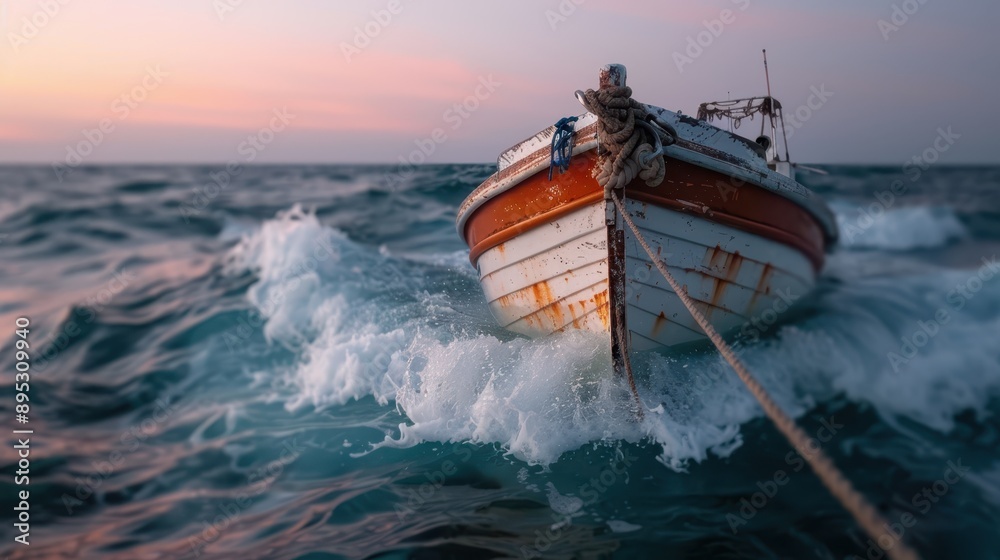 A white boat moves swiftly through the ocean waves at dawn, creating a dynamic and adventurous scene with the morning light casting a gentle glow. A white boat moves swiftly through the ocean waves at dawn, creating a dynamic and adventurous scene with the morning light casting a gentle glow.