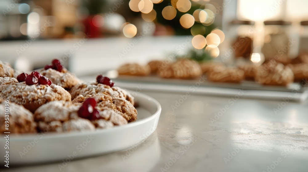 A plate of freshly baked cookies sprinkled with powdered sugar and topped with red berries, highlighting the rustic and festive ambiance of a home kitchen setting. A plate of freshly baked cookies sprinkled with powdered sugar and topped with red berries, highlighting the rustic and festive ambiance of a home kitchen setting.