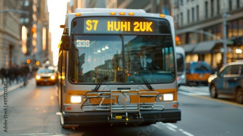 A modern city bus labeled with 'S7' code navigates through a bustling street, surrounded by city buildings and busy traffic, showcasing the urban life and public transport system. photo