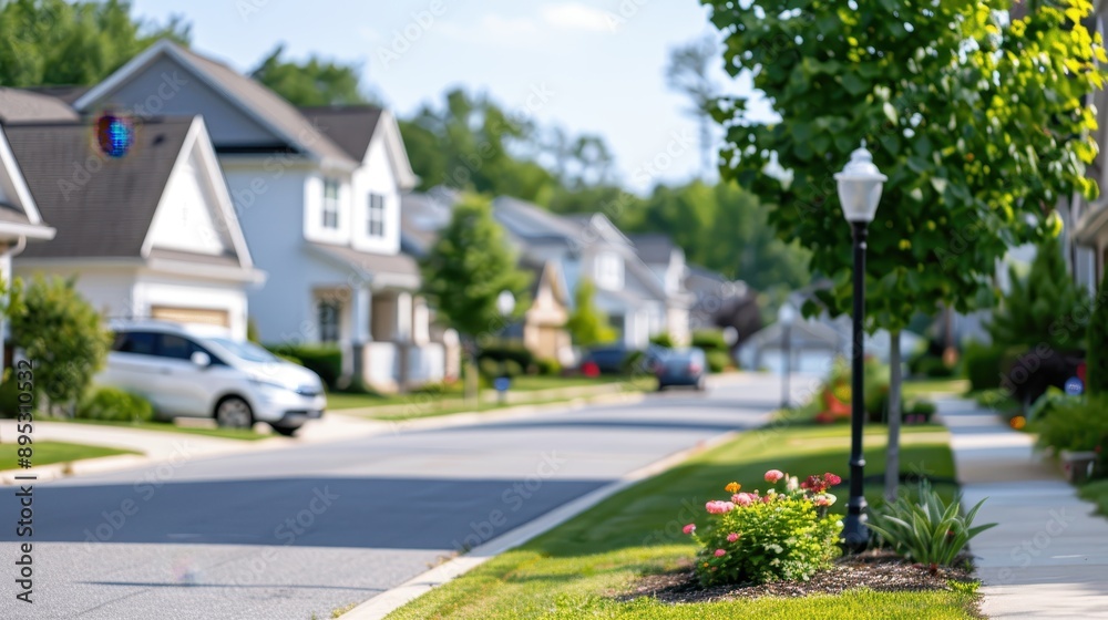 A picturesque suburban street lined with modern houses, well-maintained lawns, and lush greenery, representing a peaceful and family-friendly environment. A picturesque suburban street lined with modern houses, well-maintained lawns, and lush greenery, representing a peaceful and family-friendly environment.