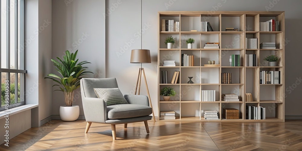 Modern minimalistic living room with a sleek armchair and stylish bookshelf , minimalistic, contemporary, interior design, cozy Modern minimalistic living room with a sleek armchair and stylish bookshelf , minimalistic, contemporary, interior design, cozy