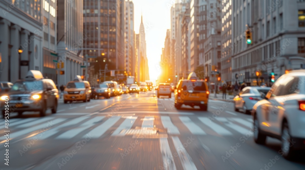 Obraz premium A busy city street is depicted with an array of cars and people moving amidst towering buildings, captured beautifully during sunset, highlighting urban hustle and vibrant life.