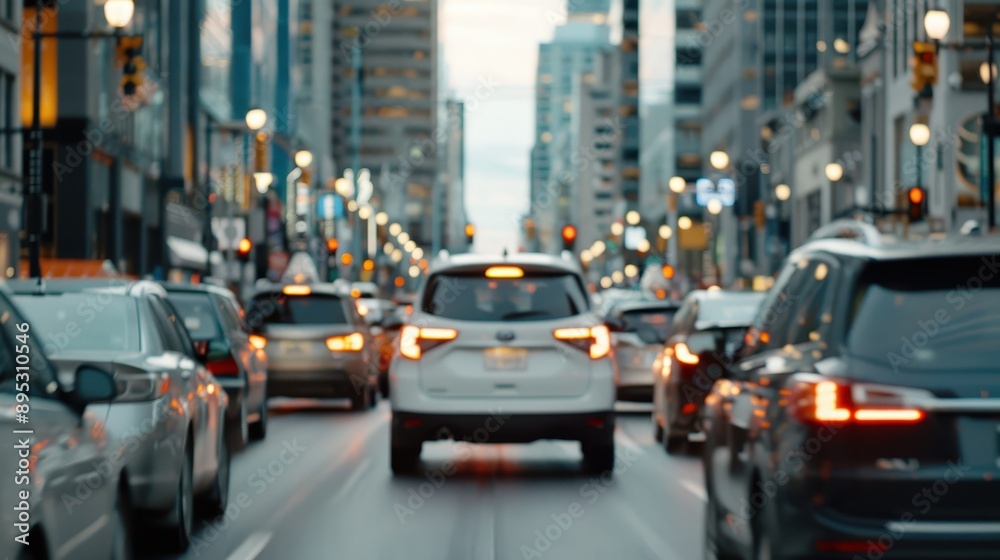 Obraz premium The image captures heavy traffic congestion on a bustling city street, set against the backdrop of high-rise buildings. The crowded cars and lights reflect a busy urban atmosphere.