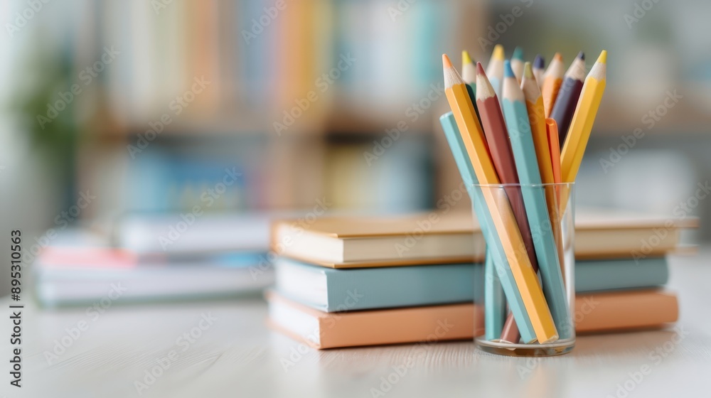 A collection of colorful pencils placed in a glass container with books in a blurred background, highlighting creativity, education, and an artistic atmosphere. A collection of colorful pencils placed in a glass container with books in a blurred background, highlighting creativity, education, and an artistic atmosphere.