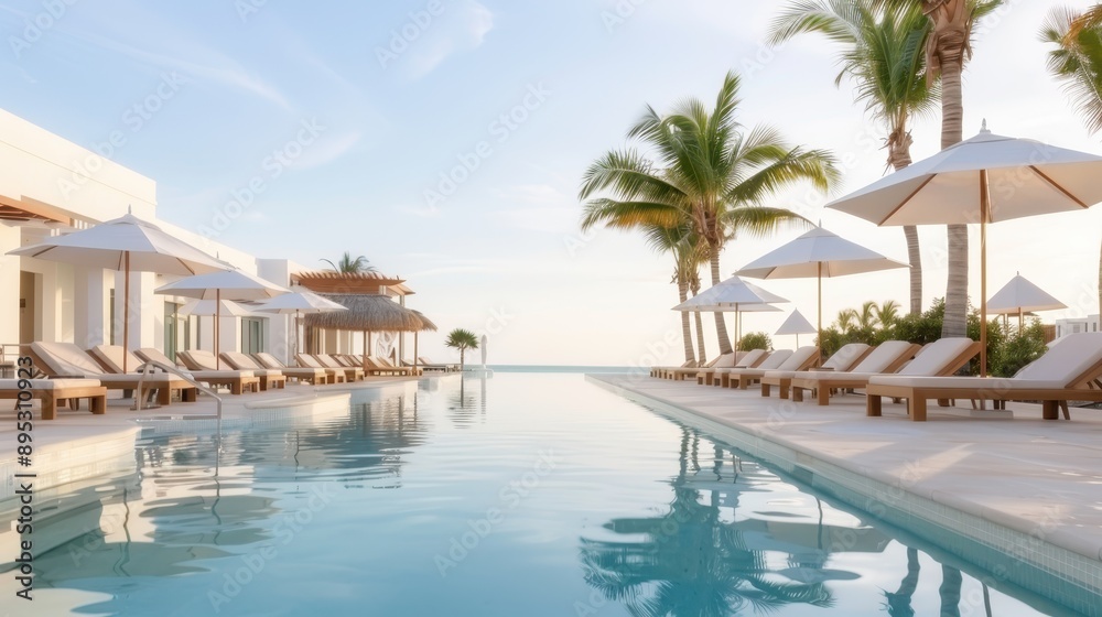 A pristine resort pool area features comfortable lounge chairs, umbrellas, and cabanas, framed by palm trees, under a clear blue sky, epitomizing luxury and relaxation. A pristine resort pool area features comfortable lounge chairs, umbrellas, and cabanas, framed by palm trees, under a clear blue sky, epitomizing luxury and relaxation.