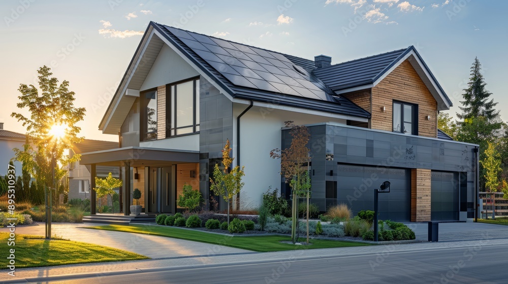 Modern house with solar panels in a suburban neighborhood Modern house with solar panels in a suburban neighborhood
