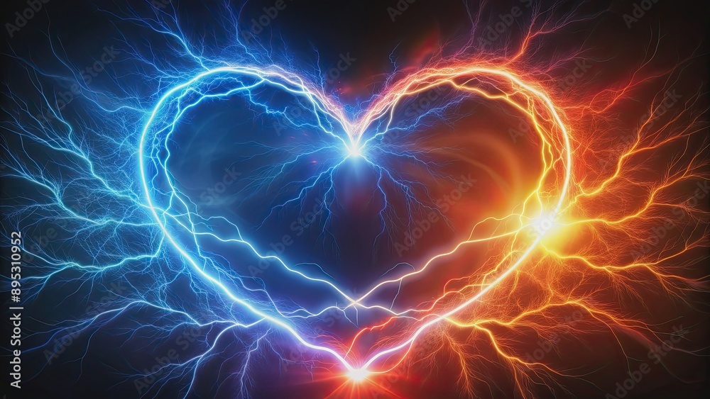 Obraz premium Electricity and love energy merge to create visible flashes of light in the shape of a heart, electricity, love, energy, visible
