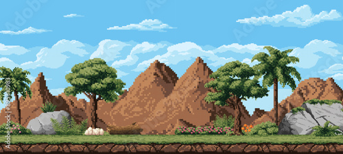 Fototapeta Naklejka Na Ścianę i Meble -  8 bit pixel art prehistoric game landscape with dinosaur eggs in Jurassic park forest, vector background. 8bit game level landscape with palm trees, mountains in valley and dinosaur eggs in nest