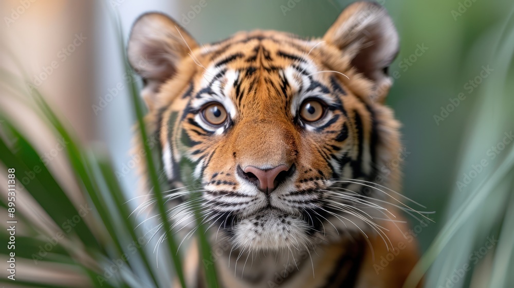 An image showing a close-up of a young tiger peering through leafy foliage, highlighting its curious and alert expression with a natural backdrop, reflecting a sense of wonder and exploration.