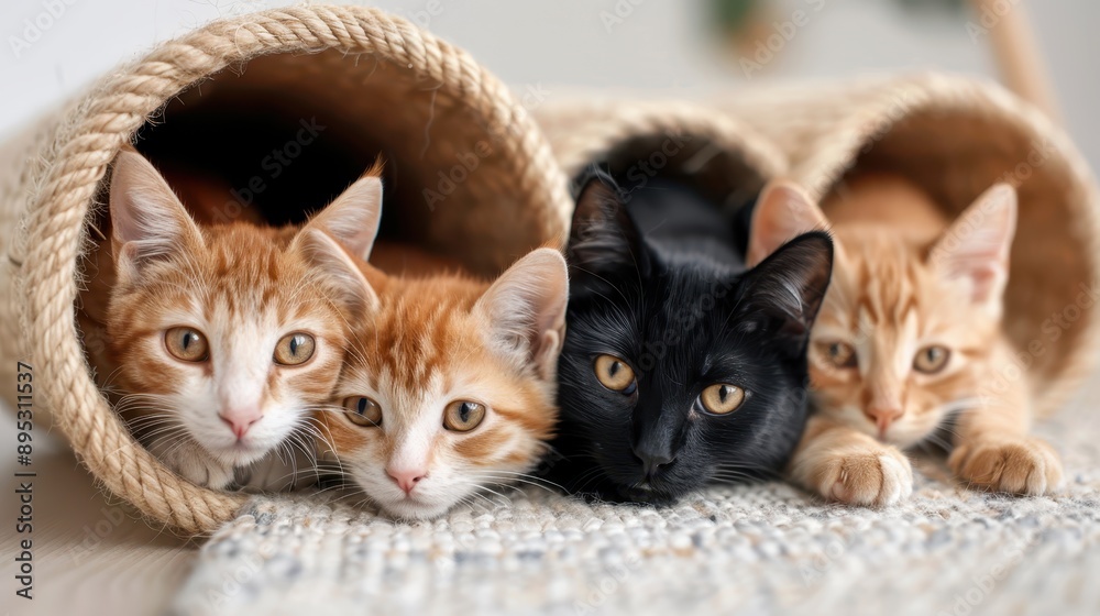 A group of four kittens, two of which are inside a burlap tunnel while the other two are outside, looking curious and playful, in a cozy home environment. A group of four kittens, two of which are inside a burlap tunnel while the other two are outside, looking curious and playful, in a cozy home environment.