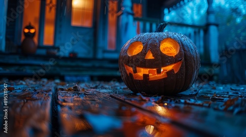 Halloween pumpkin with a glowing face on a wet porch photo