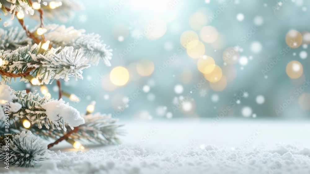 A Christmas tree with lights on it is surrounded by snow A Christmas tree with lights on it is surrounded by snow