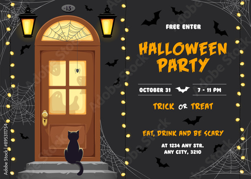 Halloween party flyer with holiday door and porch and black cat front of the doorway with ghost silhouettes, garlands and spooky bats. Vector invitation poster for celebration trick or treat night